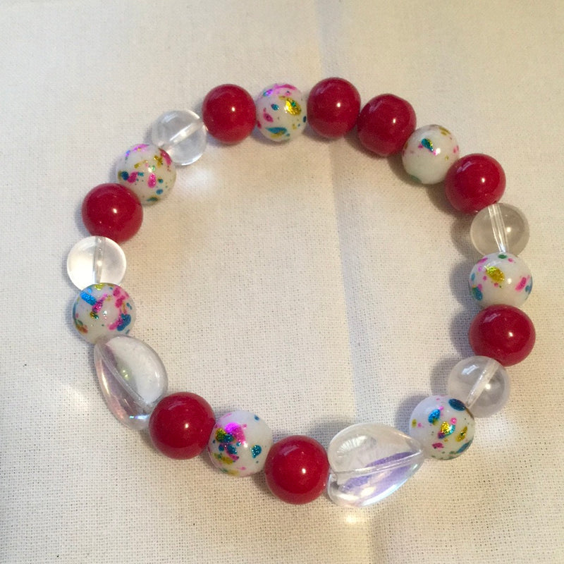 Clear Hearts w/Red, Clear & Mix White Beads Bracelet